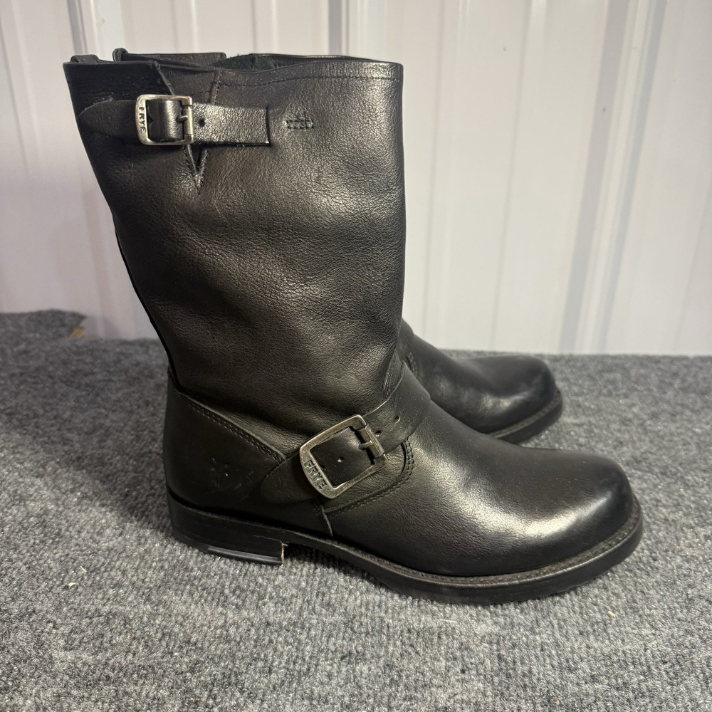 Frye Veronica Shortie Boots Womens 7.5 Black Leather Engineer Moto Biker Harness - Picture 1 of 16